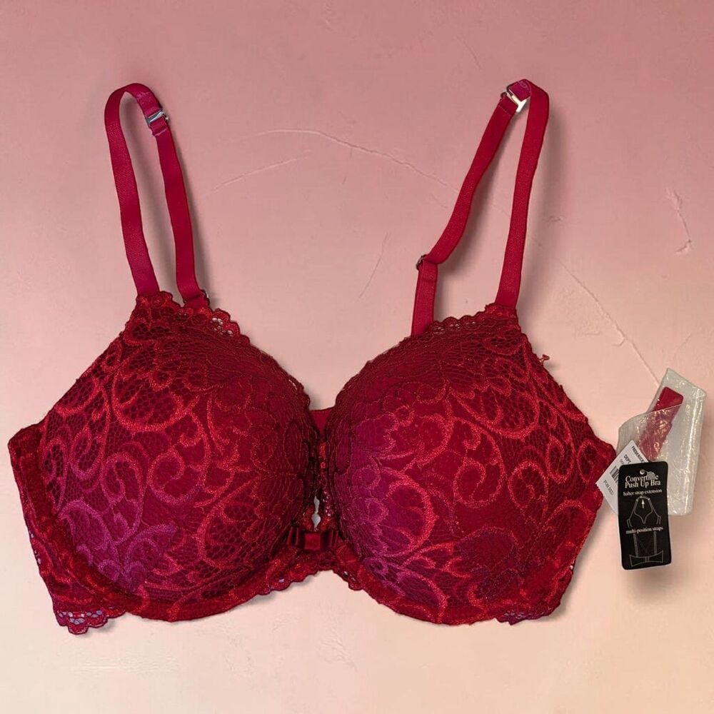 Fredericks of Hollywood 38 C  Convertible Push Up Bra RED Lace Plunge NEW W Tag